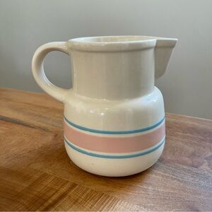 Vintage 1970s McCoy Pottery 6" Pitcher Stoneware Pink & Blue Stripes Stonecraft